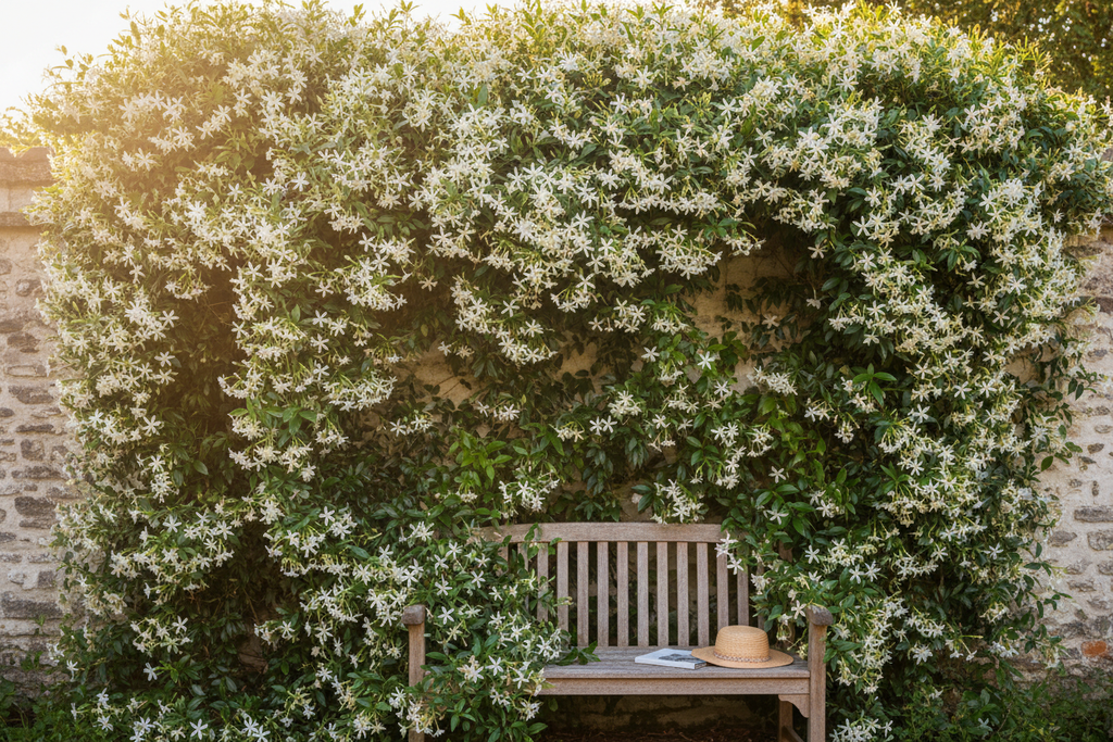 Trachelospermum jasminoides covering garden wall lifestyle shot