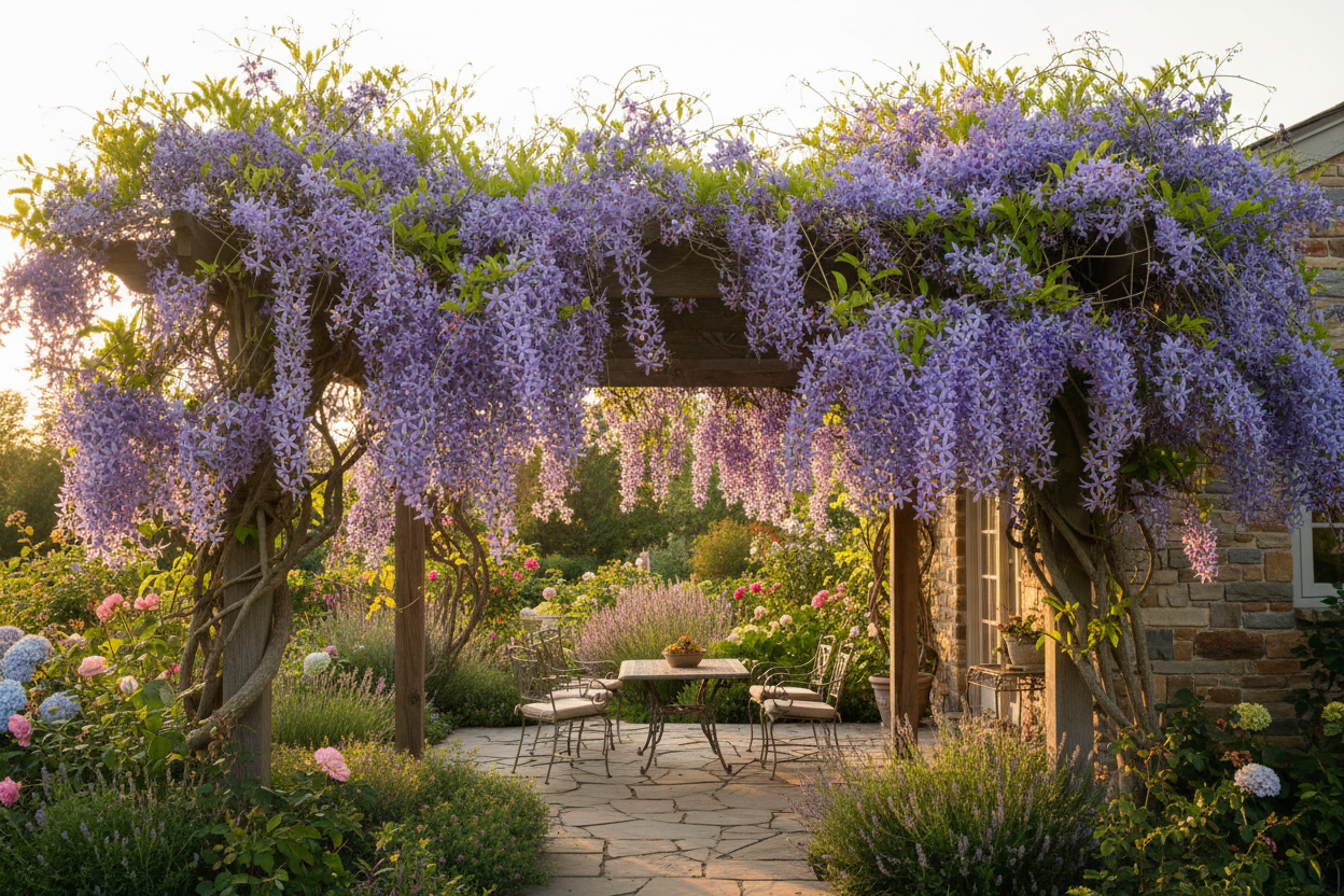Petrea Volubilis on garden pergola lifestyle shot