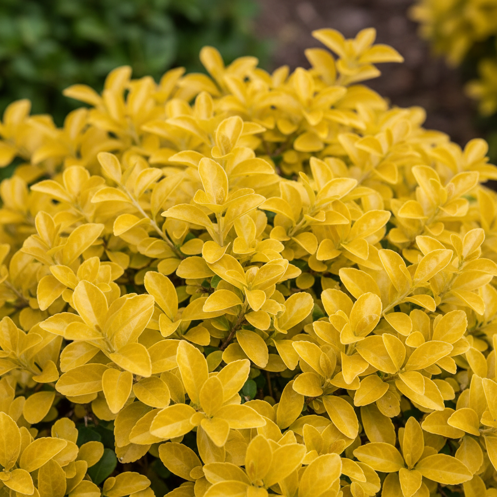 Durantha Compact Yellow golden foliage close-up detail