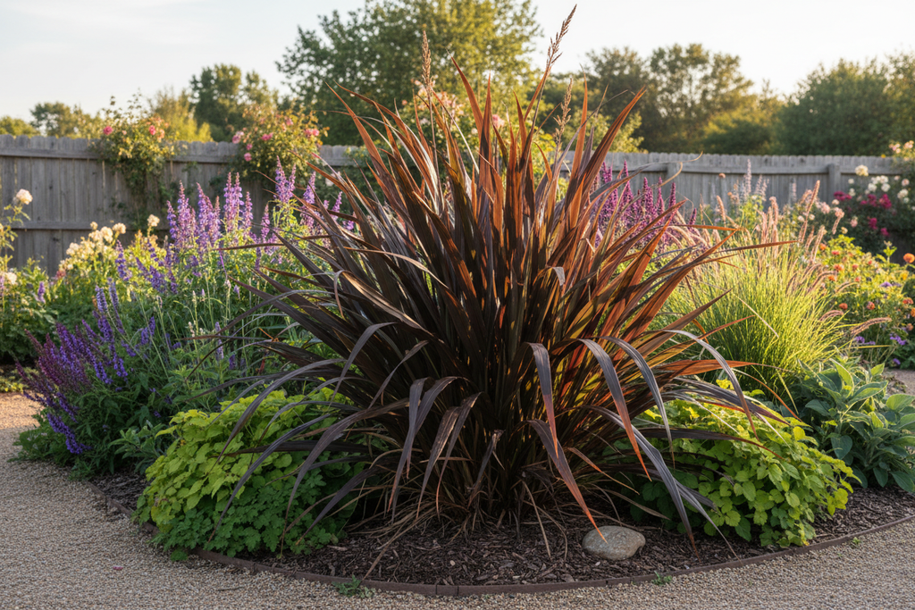 Phormium Red in garden border lifestyle shot