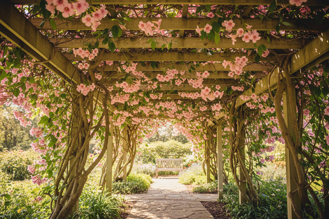 Pandorea Rosea climbing over garden pergola lifestyle shot