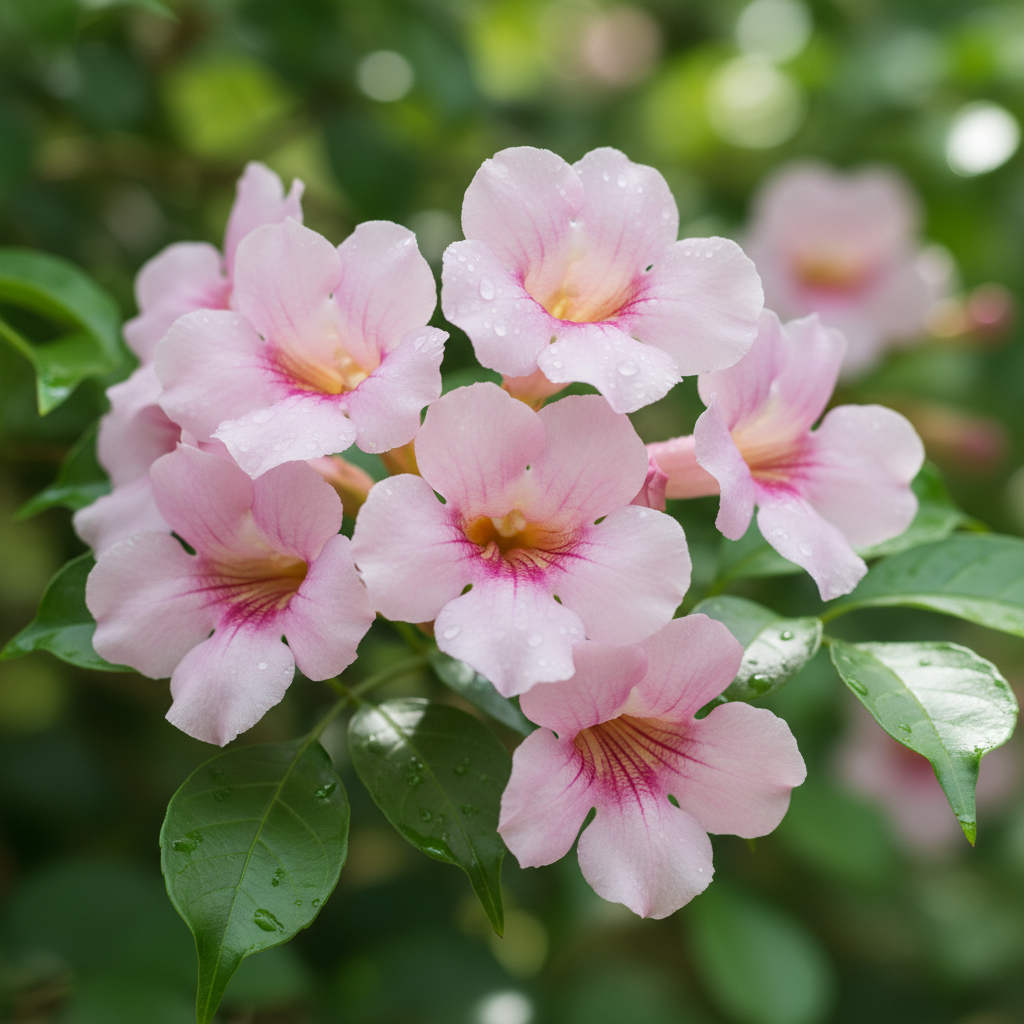 Pandorea Rosea pink trumpet flower detail
