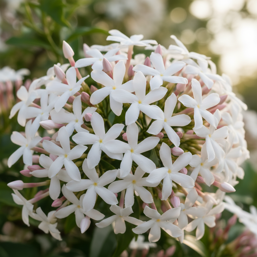 Jasminum Polyanthum white flower and pink bud close-up detail