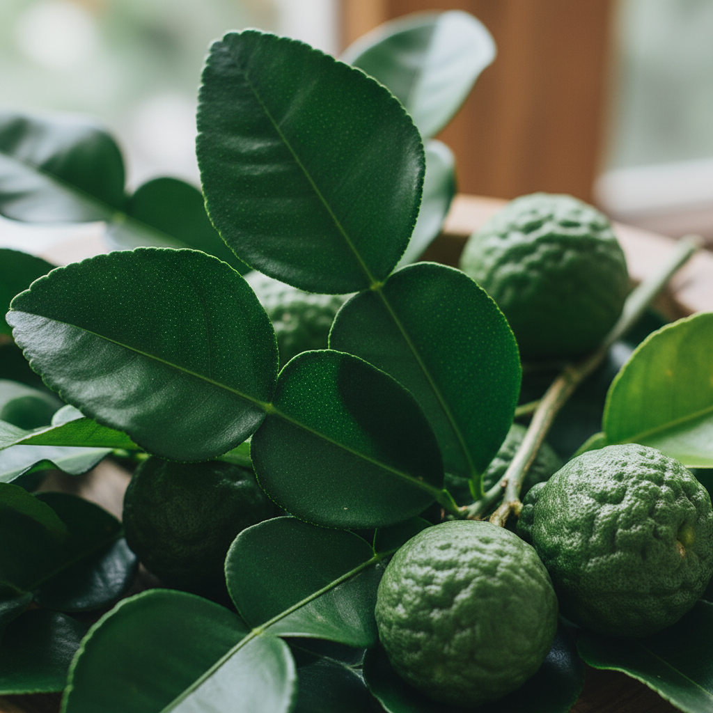 Thai lime distinctive double-lobed leaves and fruit detail
