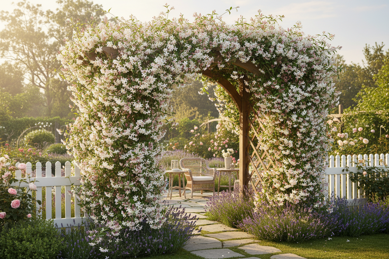 Jasminum Polyanthum climbing over garden fence lifestyle shot