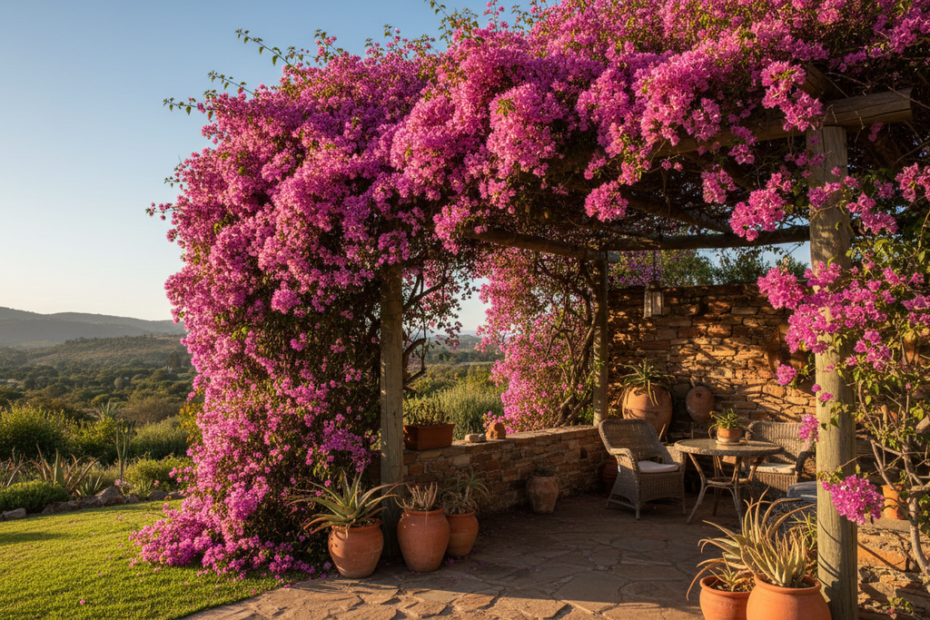 Bougainvillea growing over garden wall - lifestyle shot