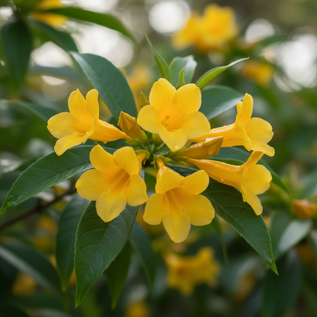 Gelsemium yellow trumpet flower close-up detail