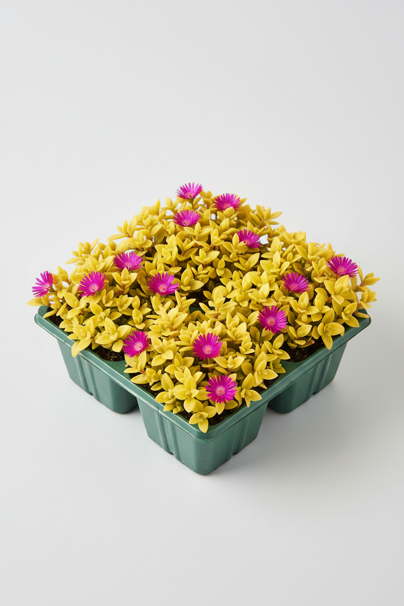 Aptenia Cordifolia Aurea 6-pack nursery tray with golden foliage and magenta flowers