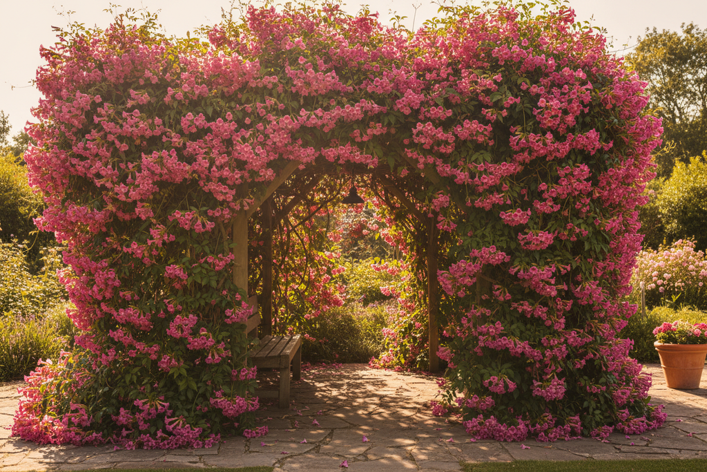 Pandorea Rosea 20L covering garden pergola lifestyle shot