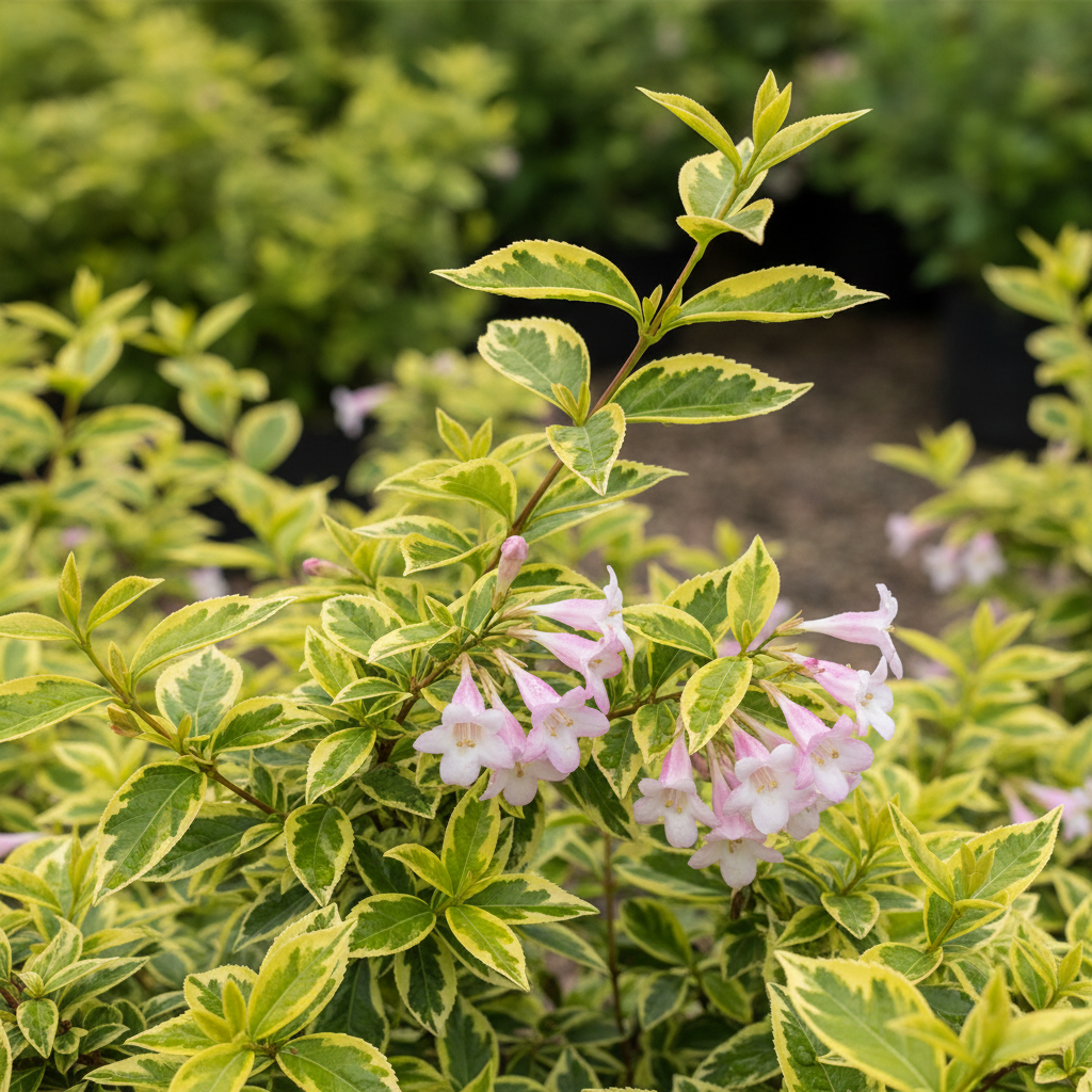 Abelia Francis Mason close-up foliage and flowers