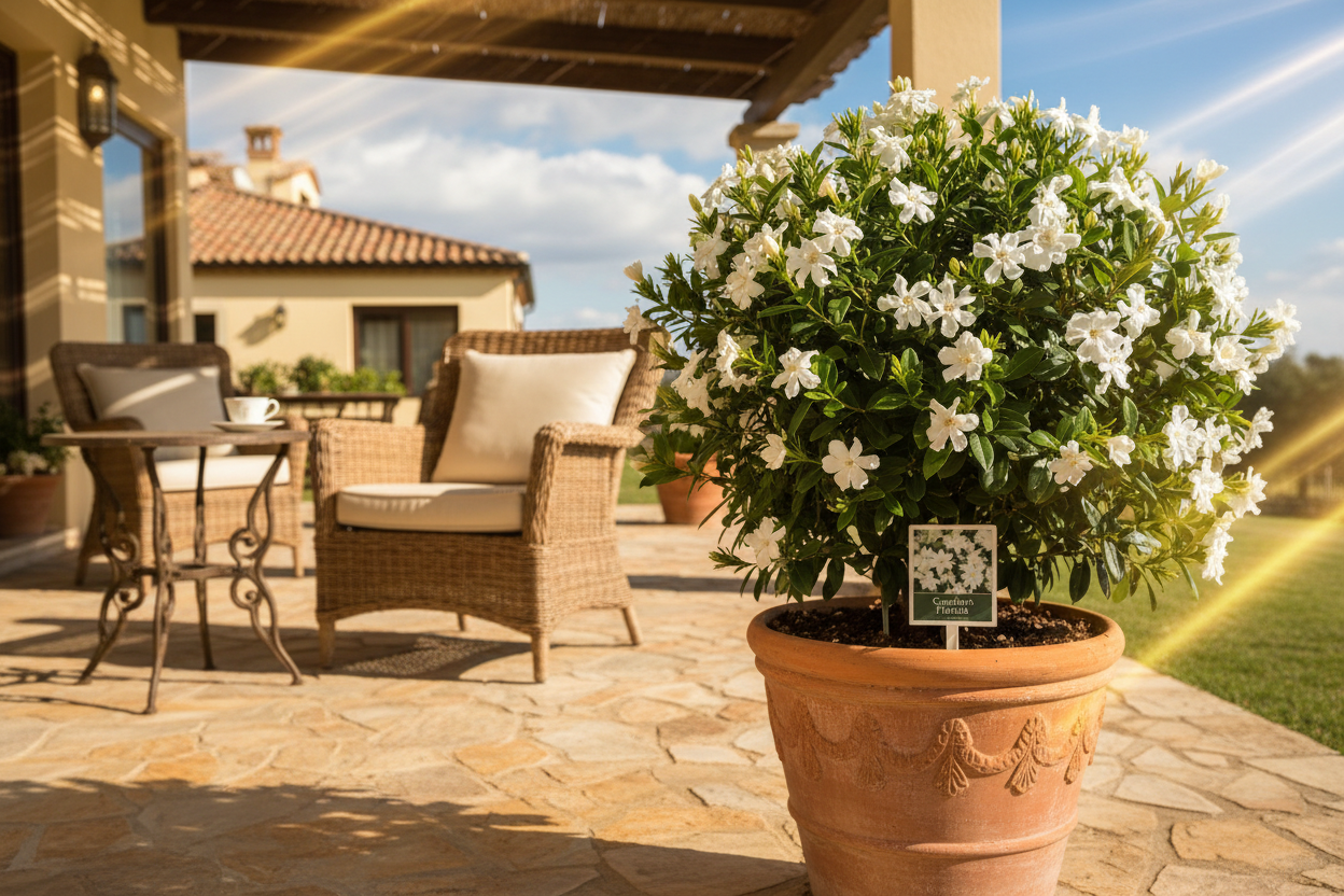Gardenia Florida 5L Bush on sunny patio lifestyle shot